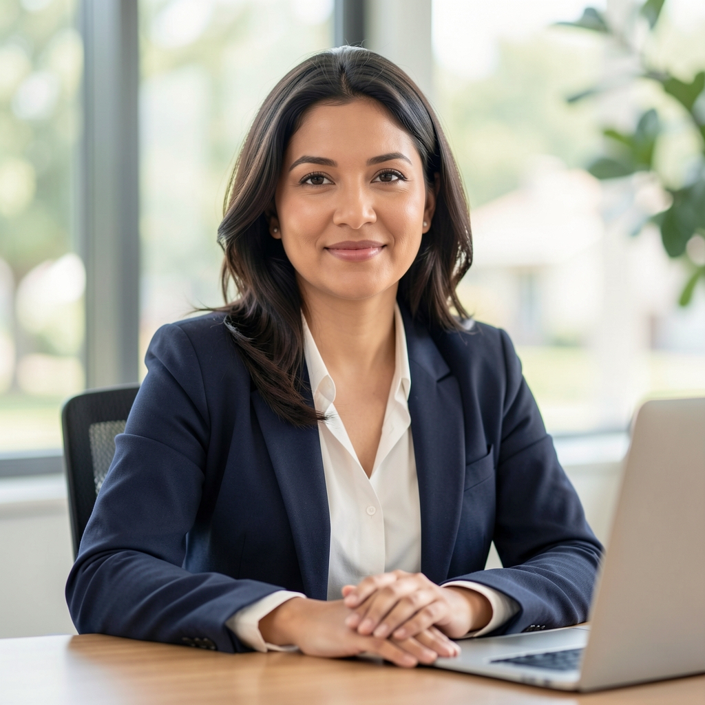 Portrait of a woman at a desk in natural daylight, relaxed professional setting, soft focus background