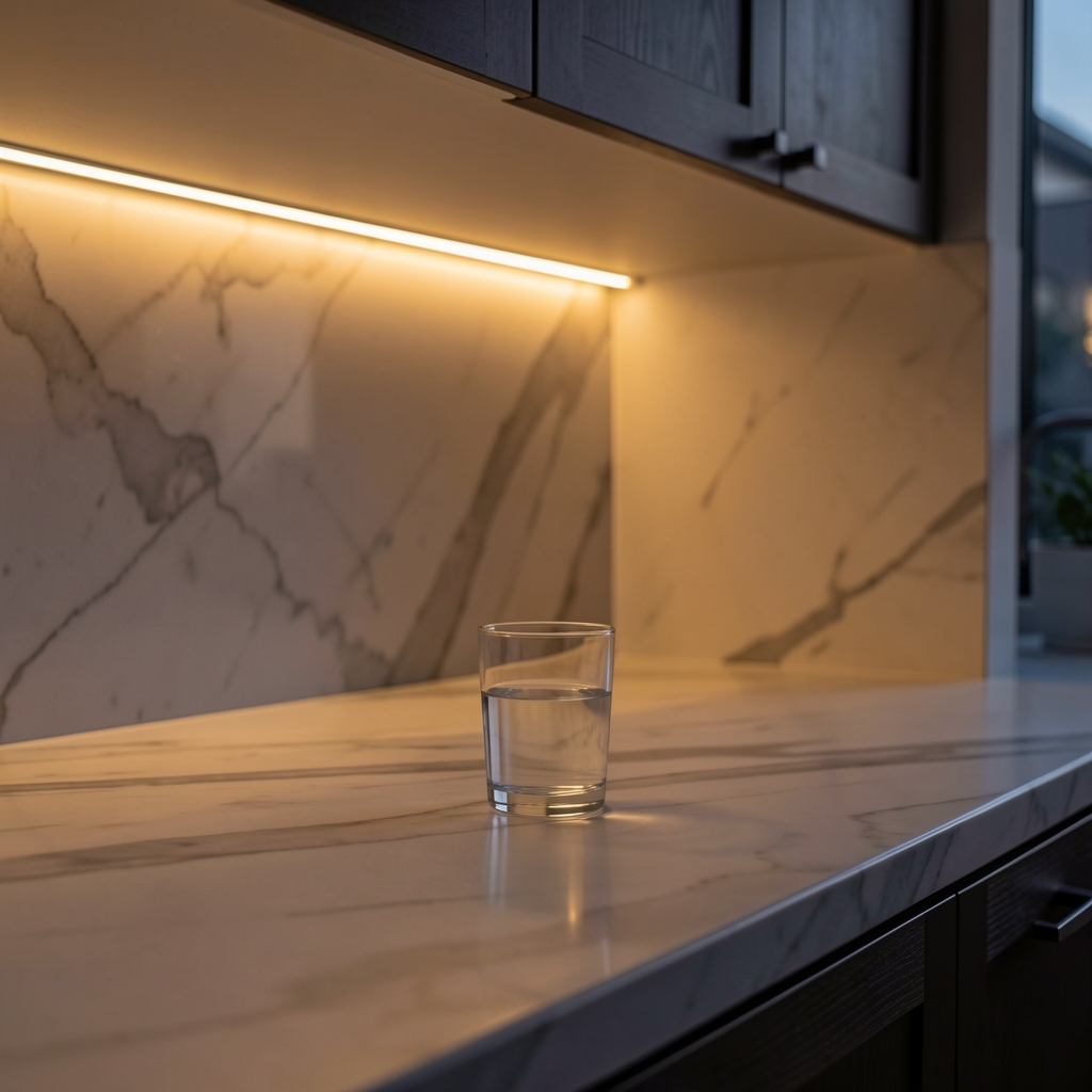 Dim kitchen at dusk, a single glass of water on a marble countertop, warm ambient glow from under-cabinet lighting, quiet evening atmosphere